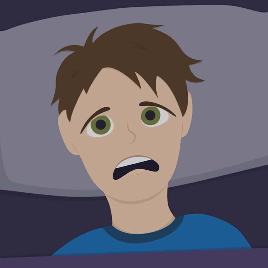 Cartoon man scared because of noises in his house.