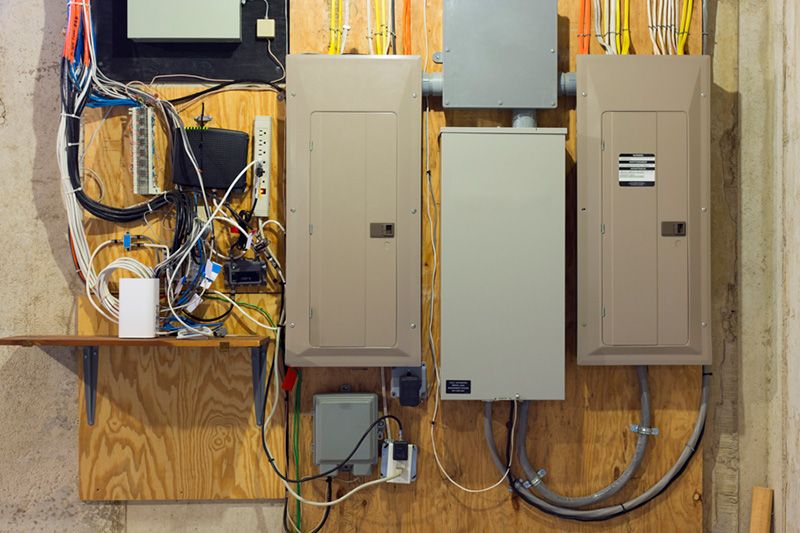 Image of electrical wiring and boxes. Electricity--how to stay safe.